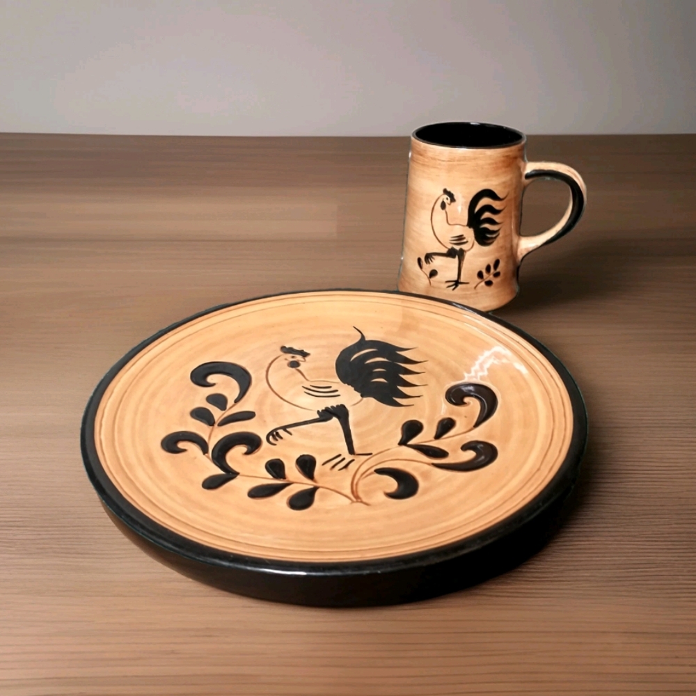 Set 2 Vintage Pennsbury Pottery USA Black Rooster 10" Dinner Plate & Coffee Cup